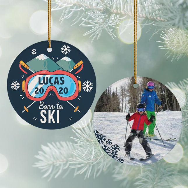 holiday personalized born to ski christmas ornament – Christmas ornament, holiday tree decoration or gift