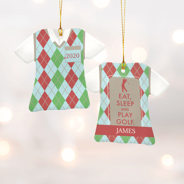 Eat Sleep Play Golf Plaid Personalized Ceramic Ornament