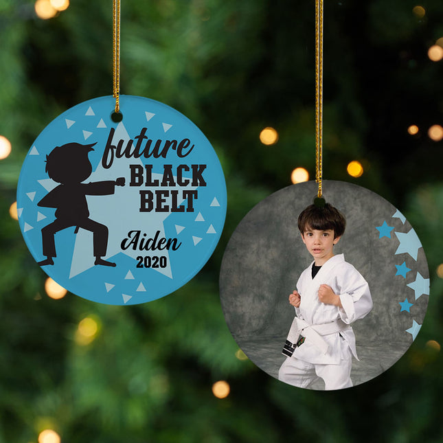keepsake personalized future black belt boy photo christmas ornament – Christmas ornament, holiday tree decoration or gift