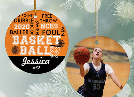 engraved personalized word cloud basketball - silver christmas ornament – Christmas ornament, holiday tree decoration or gift