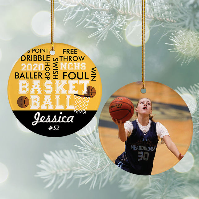 keepsake personalized word cloud basketball - yellow christmas ornament – Christmas ornament, holiday tree decoration or gift