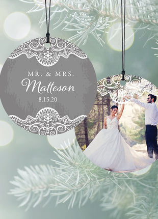 “Mr. & Mrs.” Wedding Lace Personalized Photo Wood Ornament - ORNAMENT SHOP EXCLUSIVE