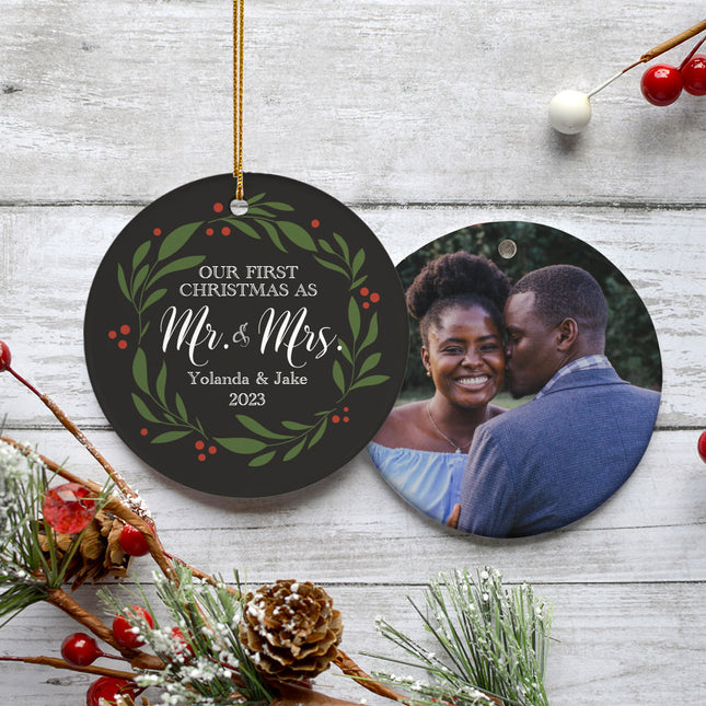 engraved personalized our first christmas as mr & mrs photo christmas ornament – Christmas ornament, holiday tree decoration 