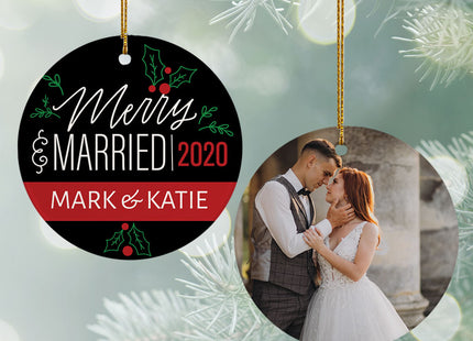 decorative personalized merry & married wedding photo christmas ornament – Christmas ornament, holiday tree decoration or gif