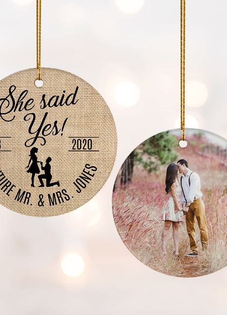 "She Said Yes" Wedding Personalized Ceramic Round Photo Ornament - ORNAMENT EXCLUSIVE Personalized Ornament