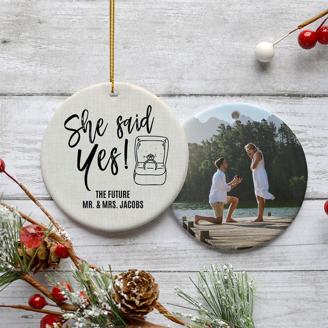 engraved personalized she said yes christmas ornament – Christmas ornament, holiday tree decoration or gift