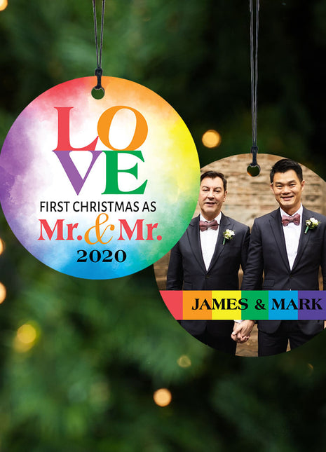 "Mr & Mr Love Watercolor" Personalized Wood Ornament - ORNAMENT SHOP EXCLUSIVE