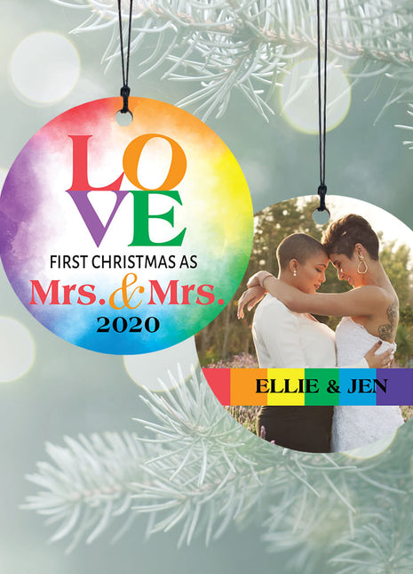 "Mrs & Mrs Love Watercolor" Personalized Wood Ornament - ORNAMENT SHOP EXCLUSIVE
