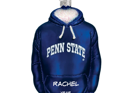 Personalized Penn State navy blue hoodie glass Christmas ornament with custom name and year.