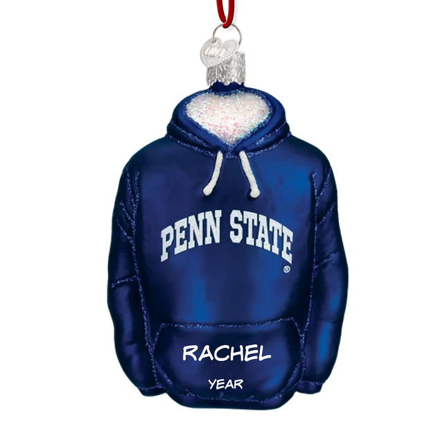 Personalized Penn State navy blue hoodie glass Christmas ornament with custom name and year.