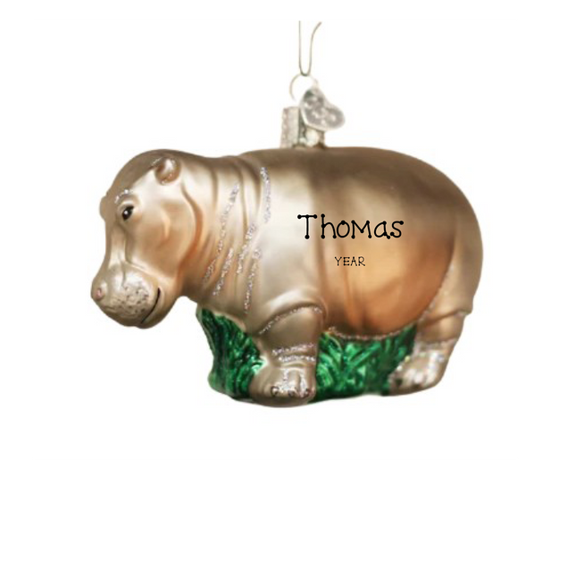 Personalized hippopotamus Christmas ornament with custom name and year on the side.