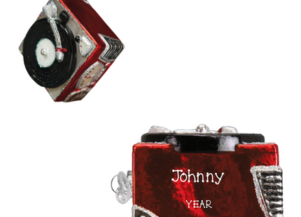 Personalized red record player glass Christmas ornament with vinyl record, custom name and year.