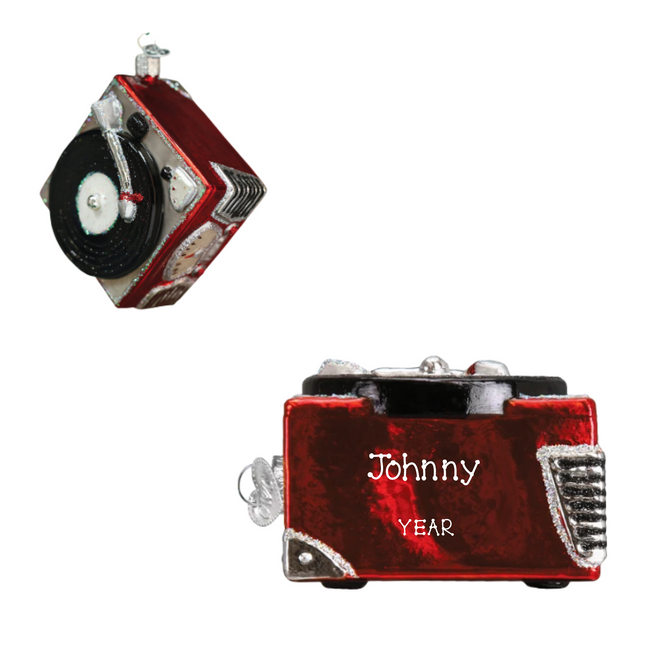 Personalized red record player glass Christmas ornament with vinyl record, custom name and year.
