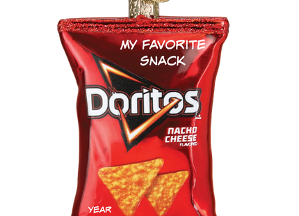 Personalized Doritos Nacho Cheese bag glass Christmas ornament with custom message and year.