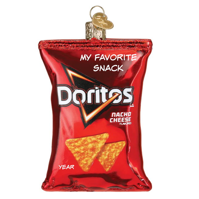Personalized Doritos Nacho Cheese bag glass Christmas ornament with custom message and year.
