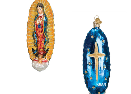 Personalized Our Lady of Guadalupe glass Christmas ornament with blue and gold cross design and custom year.