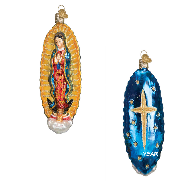 Personalized Our Lady of Guadalupe glass Christmas ornament with blue and gold cross design and custom year.