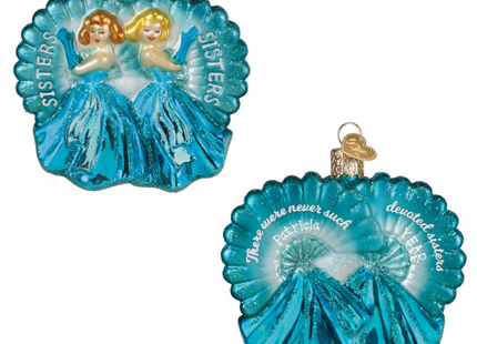 Personalized sisters blue glass Christmas ornament featuring two sisters with custom names on the back.