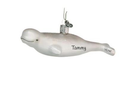 Personalized white beluga whale Christmas ornament with custom name on the side and year near the tail.