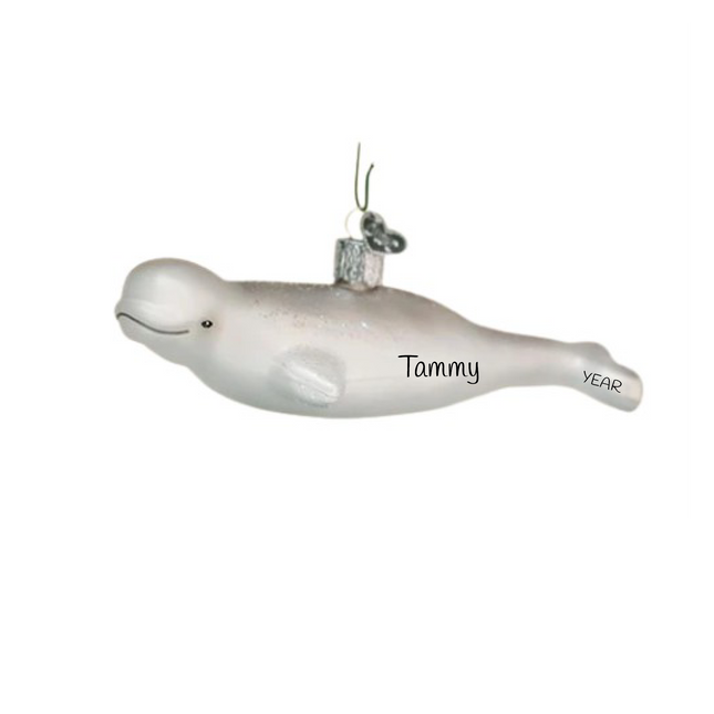 Personalized white beluga whale Christmas ornament with custom name on the side and year near the tail.