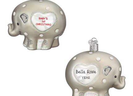 Personalized Baby's First Christmas elephant ornament with heart design, custom baby name and year.