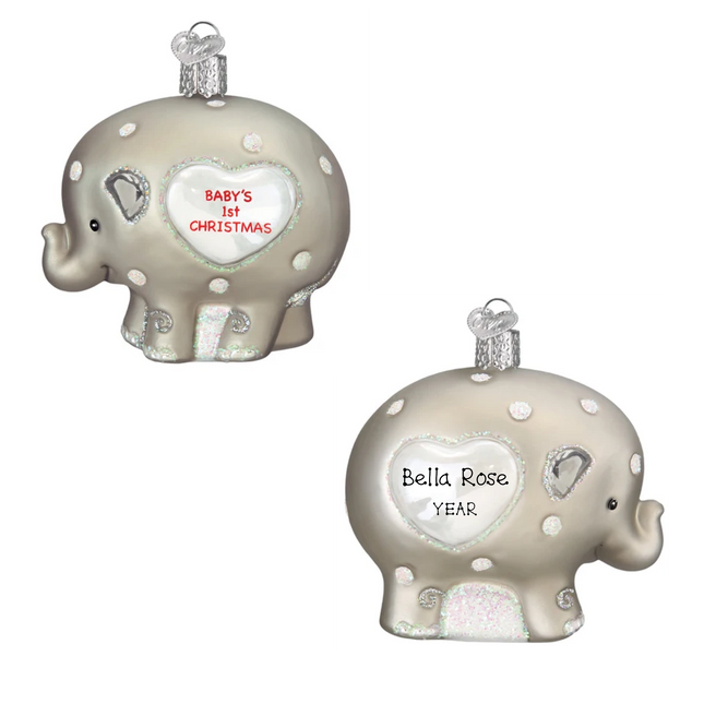 Personalized Baby's First Christmas elephant ornament with heart design, custom baby name and year.