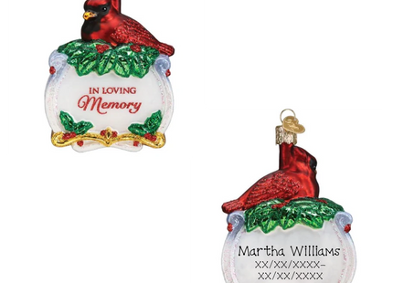 Personalized cardinal memorial Christmas ornament with In Loving Memory message, custom name and memorial dates.