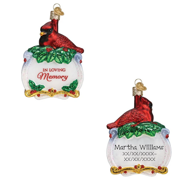 Personalized cardinal memorial Christmas ornament with In Loving Memory message, custom name and memorial dates.