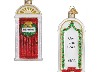 Personalized new home red front door Christmas ornament with wreath, holiday garland, custom text and year.