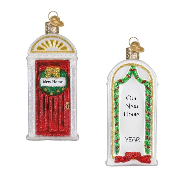 Personalized new home red front door Christmas ornament with wreath, holiday garland, custom text and year.