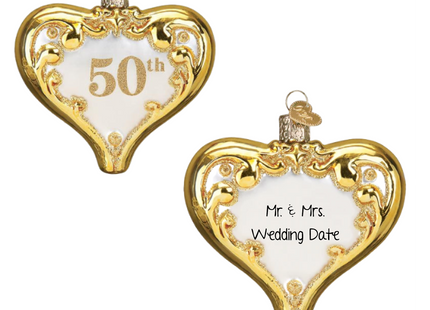 Personalized 50th wedding anniversary gold heart Christmas ornament with custom couple names and wedding date.