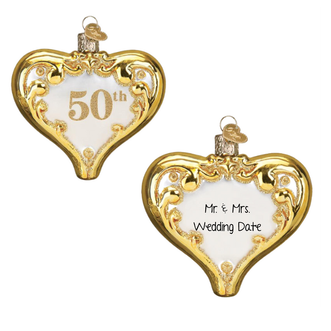 Personalized 50th wedding anniversary gold heart Christmas ornament with custom couple names and wedding date.