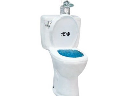 Personalized white toilet Christmas ornament with sparkling blue water in the bowl and custom year on the tank.