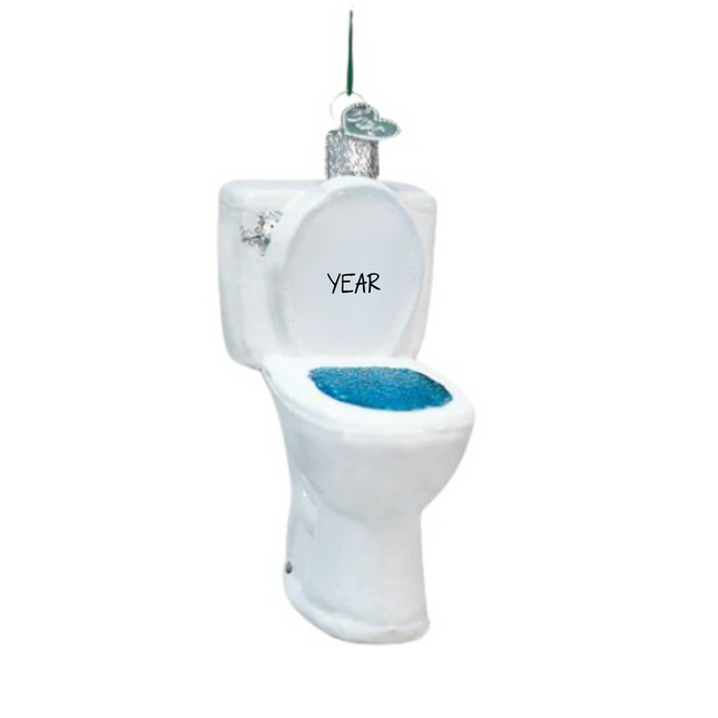 Personalized white toilet Christmas ornament with sparkling blue water in the bowl and custom year on the tank.