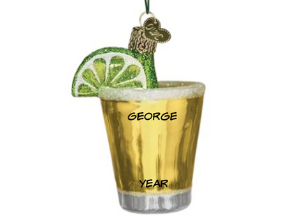 Personalized tequila shot glass Christmas ornament with lime wedge, custom name and year