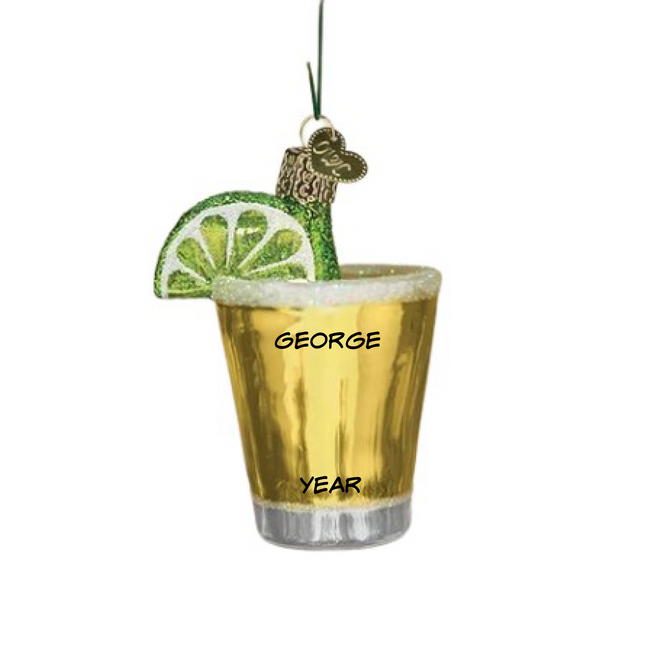 Personalized tequila shot glass Christmas ornament with lime wedge, custom name and year