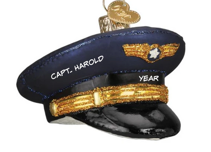 Personalized pilot captain hat Christmas ornament with navy and gold design, custom name and year.