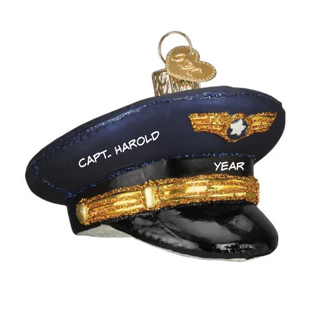 Personalized pilot captain hat Christmas ornament with navy and gold design, custom name and year.