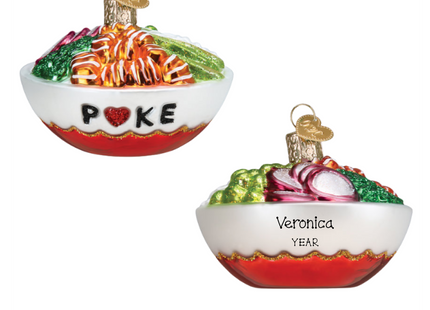 Personalized poke bowl glass Christmas ornament with colorful ingredients, custom name and year.