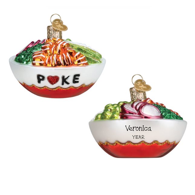 Personalized poke bowl glass Christmas ornament with colorful ingredients, custom name and year.
