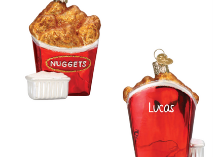 Personalized chicken nuggets glass Christmas ornament with red takeout container, dipping sauce, custom name and year.