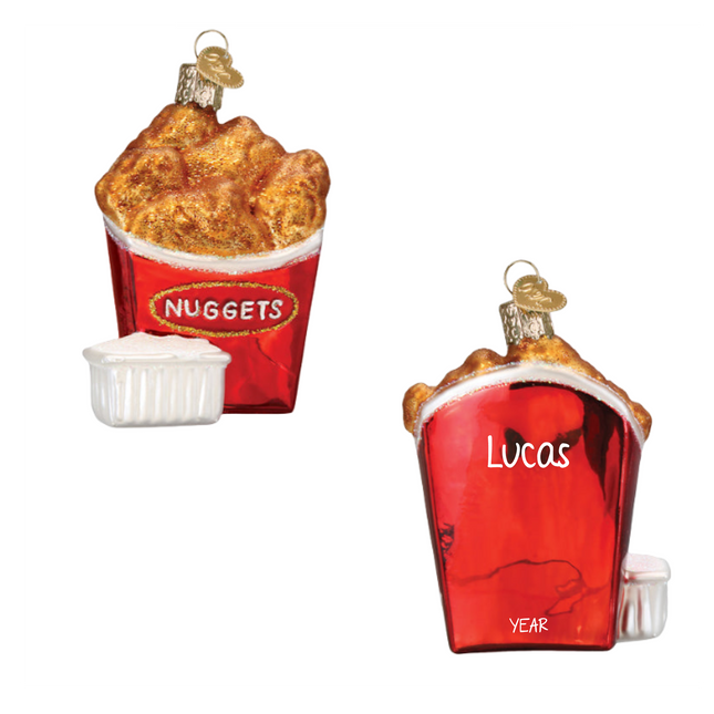 Personalized chicken nuggets glass Christmas ornament with red takeout container, dipping sauce, custom name and year.