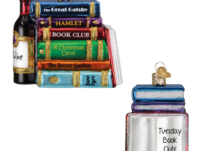 Personalized book club glass Christmas ornament with stacked books, wine bottle, custom book club message and year.
