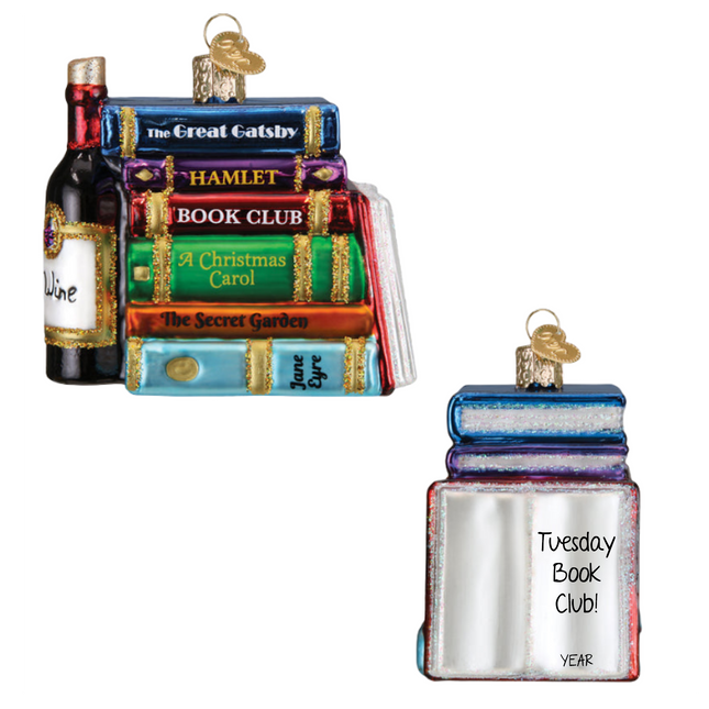 Personalized book club glass Christmas ornament with stacked books, wine bottle, custom book club message and year.

