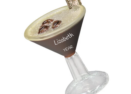 Personalized espresso martini glass Christmas ornament with coffee bean garnish, custom name and year.