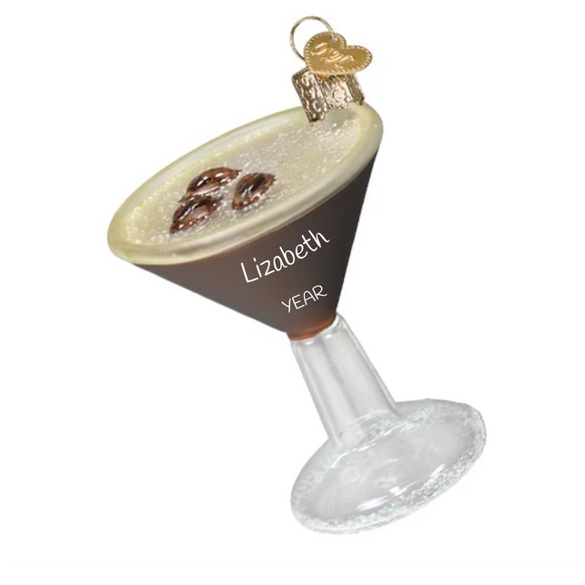 Personalized espresso martini glass Christmas ornament with coffee bean garnish, custom name and year.