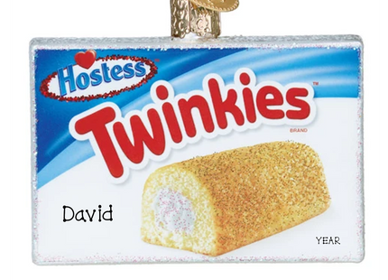 Personalized Hostess Twinkies glass Christmas ornament with custom name and year.