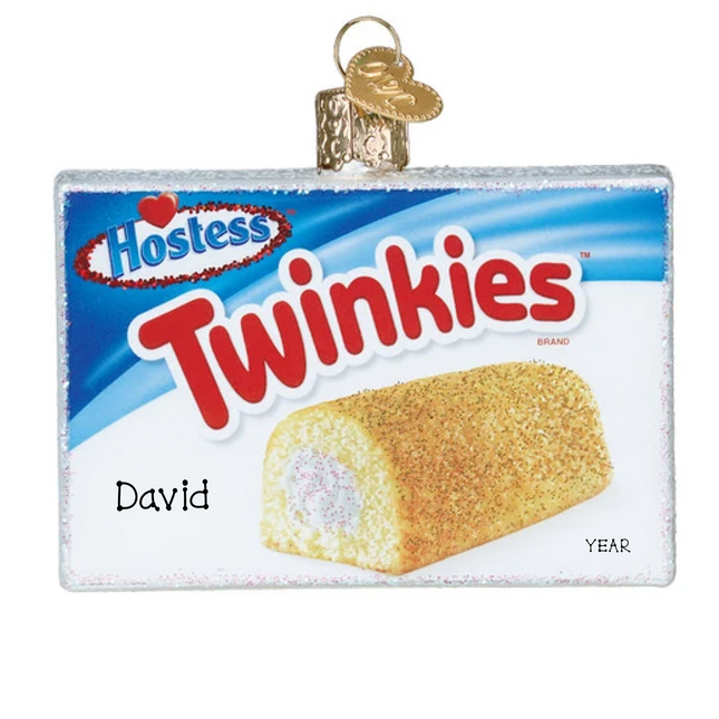 Personalized Hostess Twinkies glass Christmas ornament with custom name and year.