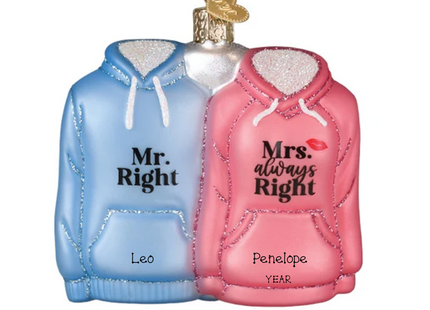 Personalized Mr. Right Mrs. Always Right couple Christmas ornament with blue and pink hoodies, two custom names and year.