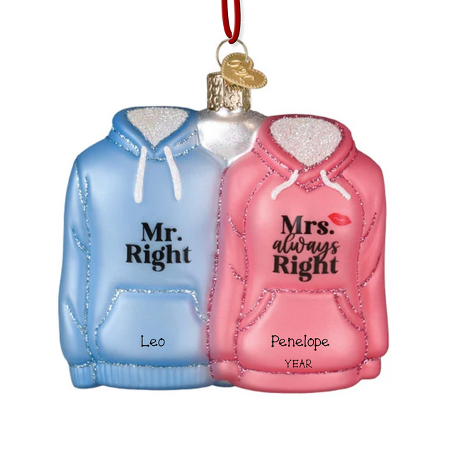 Personalized Mr. Right Mrs. Always Right couple Christmas ornament with blue and pink hoodies, two custom names and year.